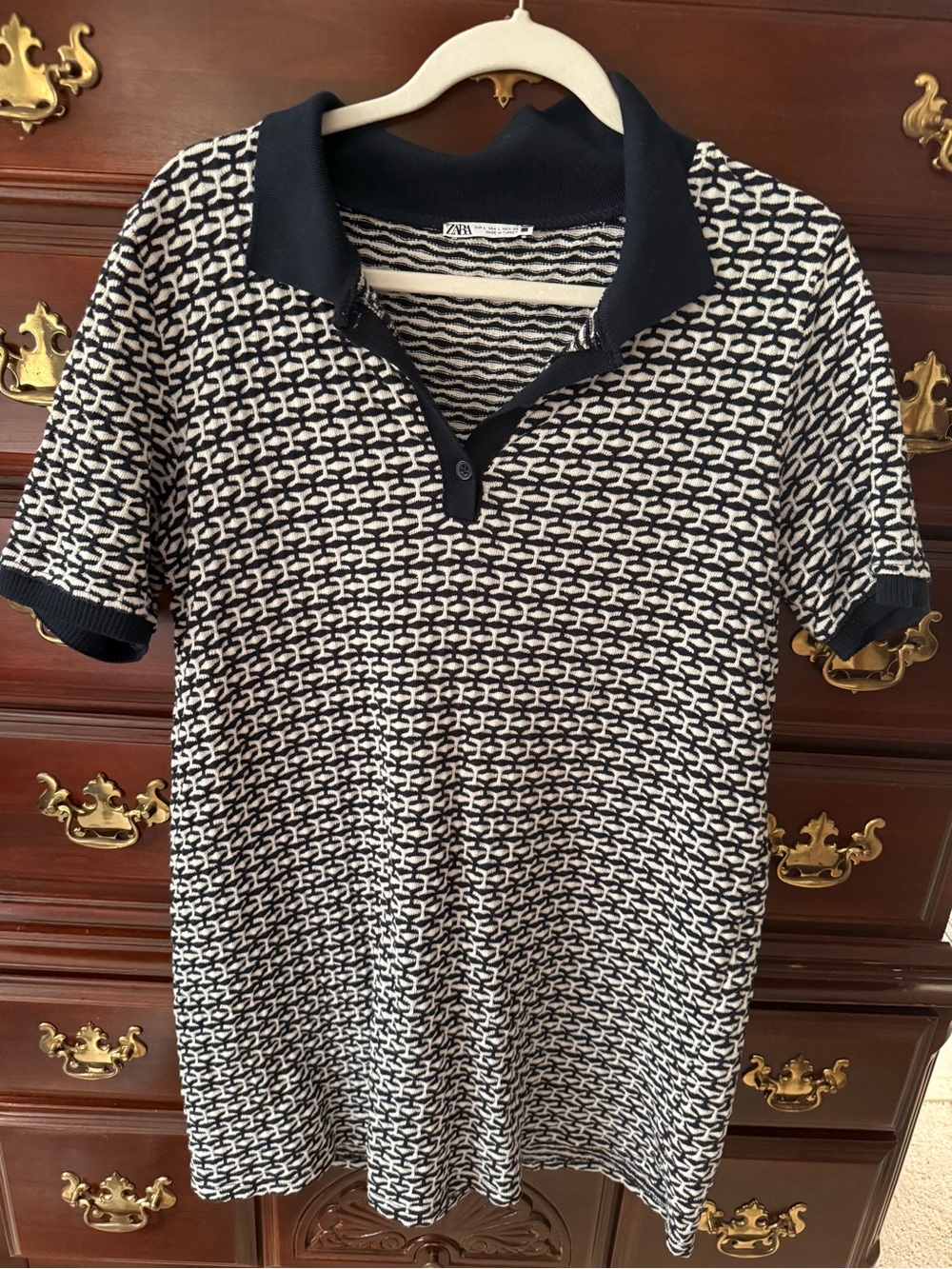Zara Navy and White Patterned Knit Polo